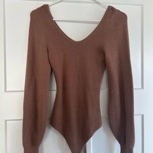 Abercrombie & Fitch Brown V-Neck Sweater Bodysuit with Long Sleeves